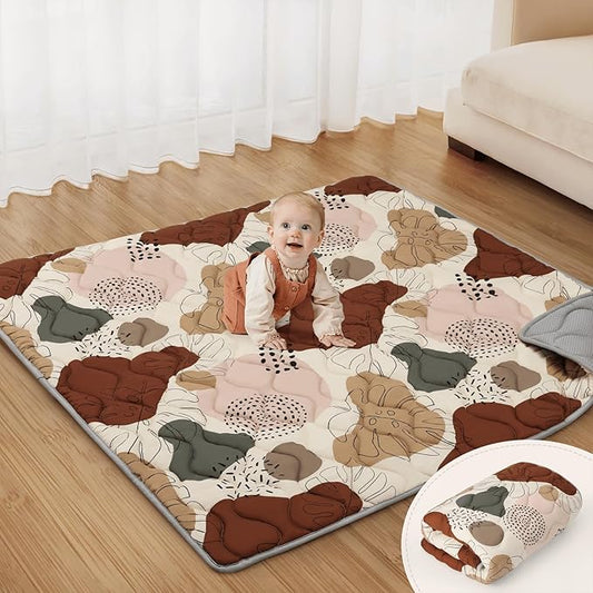 Blissful Diary Portable Baby Play Mats for Floor, Thicker Cushioned Foldable Baby Crawling Mat for Indoor Outdoor, Non-Slip & Washable Kids Playmat for Tummy Time Activity, Boho 43" X 43"