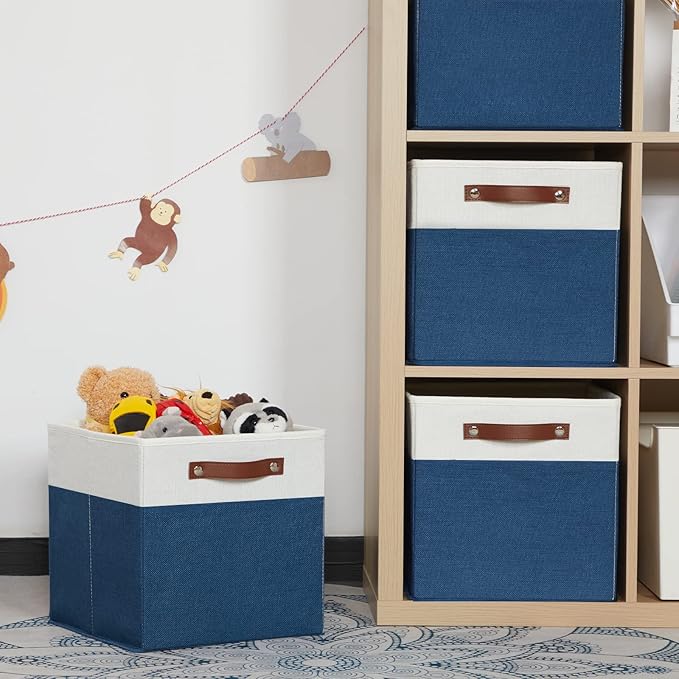 HNZIGE Cube Storage Baskets,Fabric Storage Cubes 12 x 12, Set of 4,Decorative Storage Baskets for Organizing with Handles,Blue Square Bins for Organizer Home Toy Nursery Closet(Blue White)