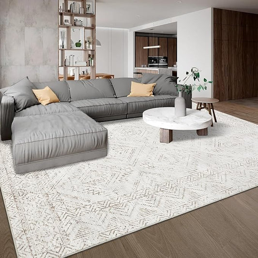 COZYLOOM 10x13 Area Rug Living Room Washable Rugs Stain Resistant for Bedroom Soft Floor Carpet Non Slip Distressed Geometric Carpet for Dining Room Laundry Room Office, Ivory