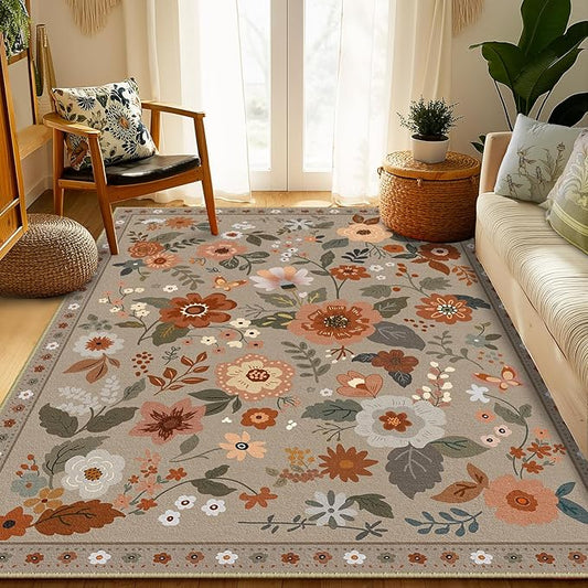 Floral 5x7 Area Rug Machine Washable Soft Print Boho Carpet Non Slip Doormat Low Pile Flower Area Rugs for Living Room Bedroom Nursery Kitchen Dining Room Indoor-Brown/Brick