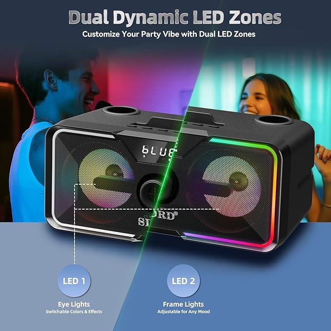 SD-215 Bluetooth Karaoke Machine for Adults & Kids- 2 Wireless Mics, 80W Powerful Sound, Rechargeable,15-Hour Playing, 6500mAh, LED Lights, Supports BT/USB/AUX for Home Parties Outdoor Gatherings