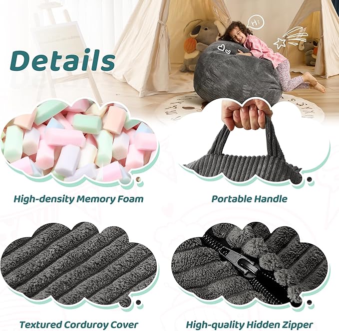 Bean Bag Chairs Teardrop Bean Bag Chair Beanbag Chair with Memory Foam Filled Machine Washable Cover for Living Room, Bedroom (Small,Grey)