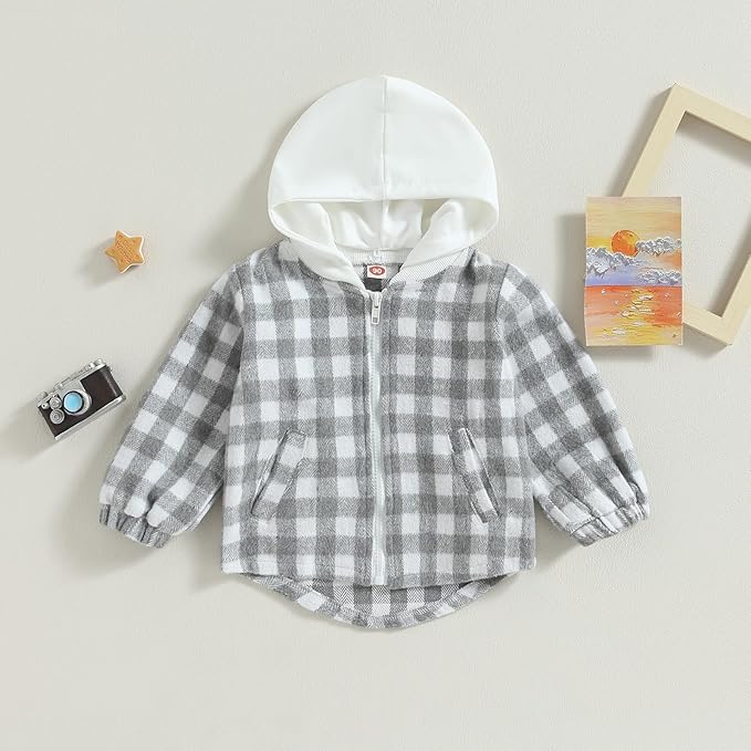 Douhoow Toddler Baby Plaid Jacket Baby Boy GIrl Flannel Hoodies Zip Up Hooded Fall Winter Outerwear Coat