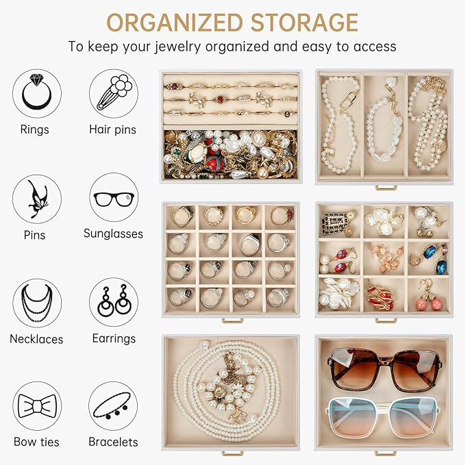 AKOZLIN 6-Tier Jewelry Box Organizer Functional 5 Drawers Leather Jewelry Storage Case for Women Girls Ring Necklace Earring Bracelet Holder Organizer with Mirror White