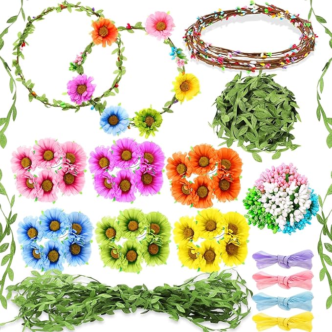 Syhood Daisy Crowns Making Kit, 109 Pieces Parts, Make Your Own Flower Crown Wreath Headbands and Bracelets Craft Kit Hair Accessories Handmade DIY Floral Garland Presents for Girls