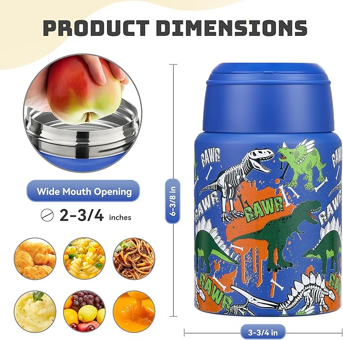 Soup Thermo for Hot Food Kids 16oz Insulated Food Jar Leakproof Thermo Lunch Container for Kids Wide-Mouth Stainless Steel Lunch Box for School with Handle Folding Spoon(3+)