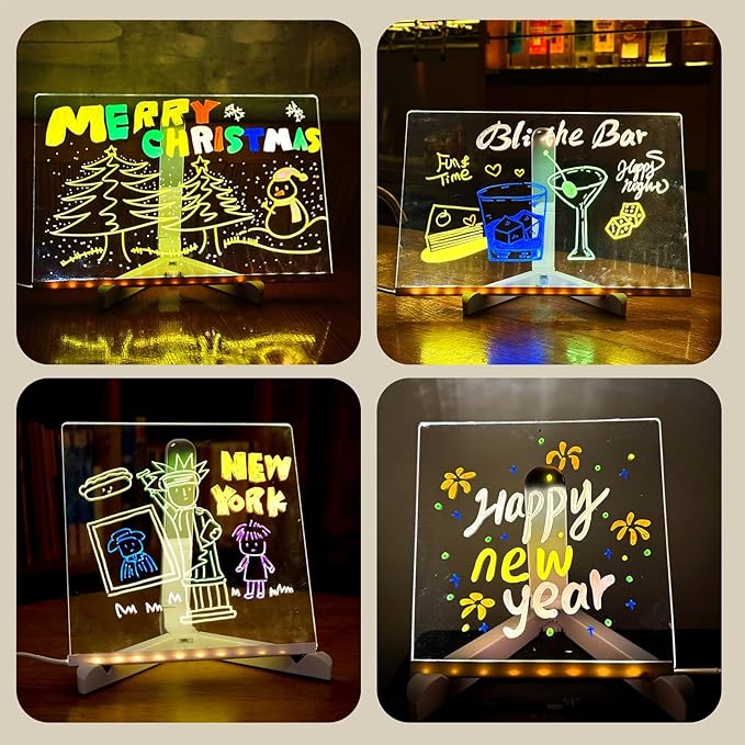 Led Note Board,Doodle Glow,Led Drawing Board for Kids,Acrylic Dry Erase Board with Light and 7 Colors Pens,LED Note Board with Colors for Office School Home (5.9x5.9 inches)