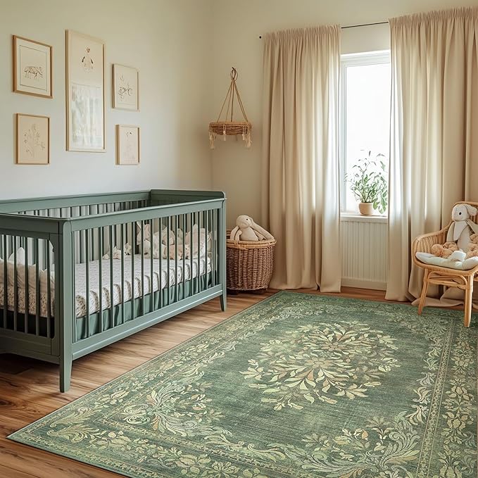 jinchan Floral 6x9 Green Area Rugs for Living Room - Machine Washable Vintage Distressed Design Soft Throw Rug Non-Slip Large Carpet for Bedroom Dining Room Home Office Nursery (6x9ft,Dark Green)