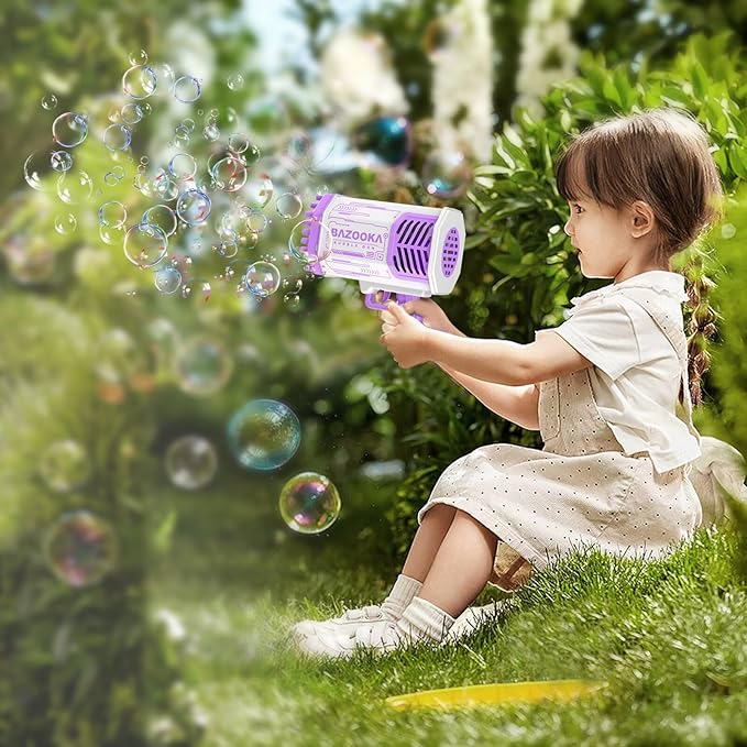 Bubble Gun, Bazooka Bubble Machine Gun, Bubble Blaster Gun with Bubble Solution, 69 Holes Bubble Bazooka Gun Outdoor Summer Toy Party Favors for Kids Purple Bubble Maker Blowers