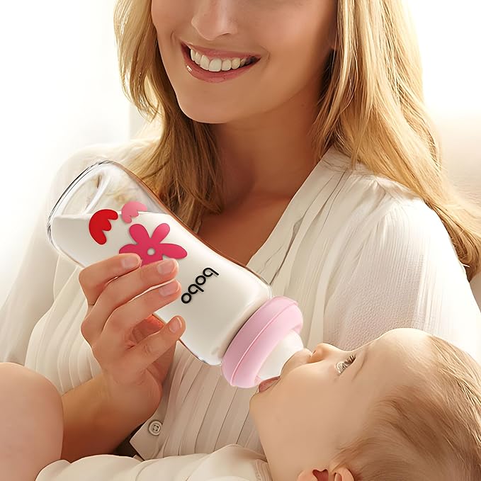 YOHKOH Natural Glass Baby Bottle with Natural Response Nipple, Newborn Anti-Colic Baby Bottles, Wide Neck Mushroom Cap Baby Bottle, Clear (Red, (8.8oz (Pack of 4))