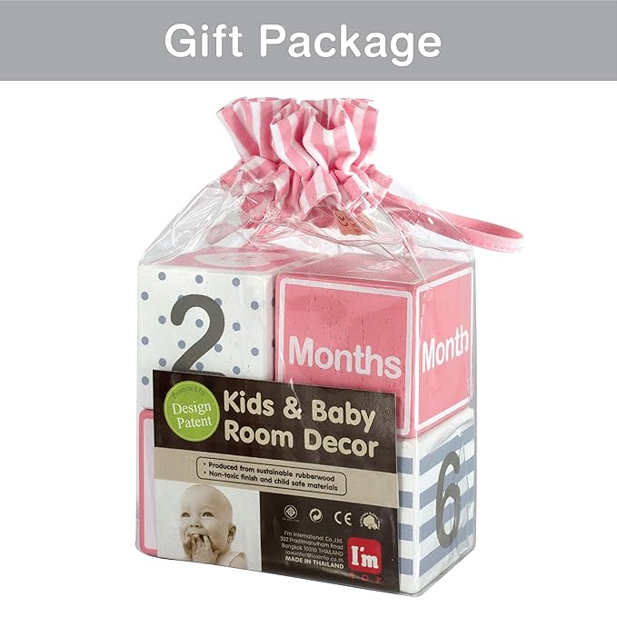 I'm Solid Wood Monthly Weekly Yearly Milestone Age Blocks, Newborn Gifts & Keepsakes for Picture Props (4 Pcs/Pink)
