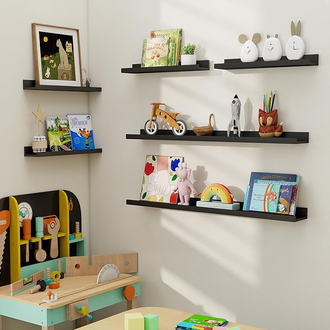 Axeman Picture Ledge Shelf, Floating Shelves for Wall Decor Storage Set of 6, 55 inch Floating Wall Mounted Shelves, Wall Shelves with Lip for Living Room, Bedroom, Nursery, Bathroom, Kitchen, Black