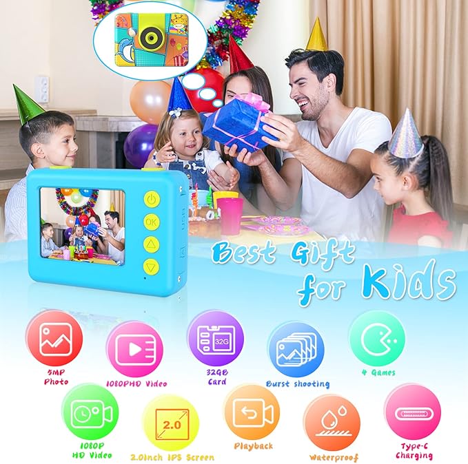 Kids Digital Camera Waterproof,CHAKEYAKE 1080P Video Kids Underwater Selfie Camera,Children Sports Camera for Birthday Gifts Toys for Boys Age 3-12