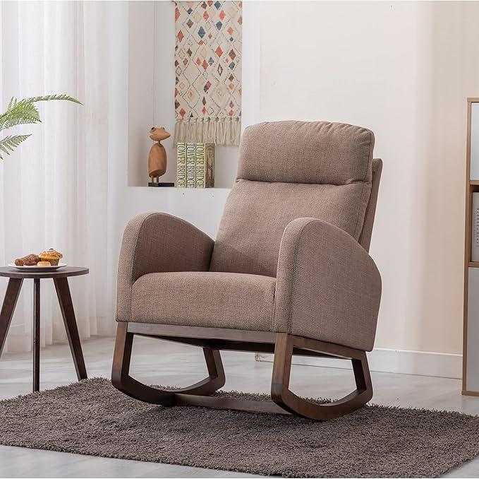 Dolonm Nursery Rocking Chair for Living Room, Upholstered Mid-Century Modern Nursery Rocking Armchair Tall Back Accent Glider Rocker, Camel