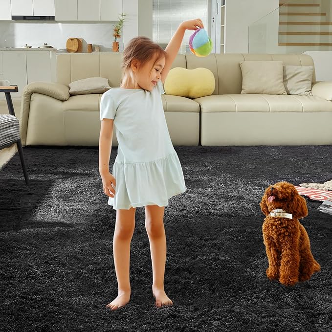 Ultra Soft Rug for Living Room, 4X6 Fluffy Shag Area Rug for Bedroom, Modern Shaggy Carpets Fuzzy Rug for Teens Dorm Nursery Home Decor Aesthetic, Upgrade Anti-Skid Durable, Black