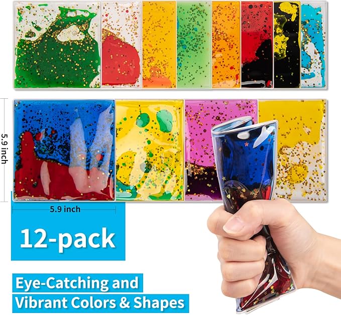 Art3d 6”x6” Square Sensory Fidget Liquid Motion Tiles for Kids, Toddler, Teens - Interactive Soft Gel Liquid Play Mats for Home, Schools, Playrooms, Multi-Pack of 12 Tiles