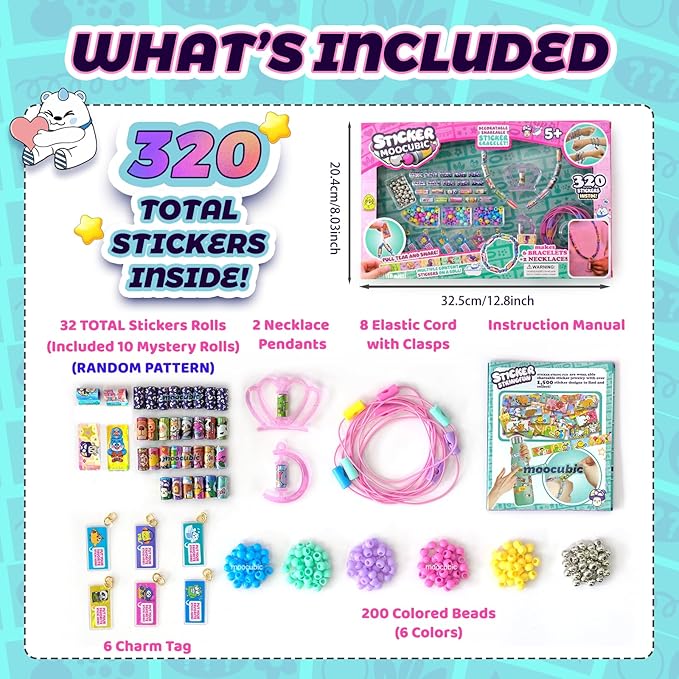 MooCubic Rolls Stickers Jewelry Making Kit, Includes 320 Mini Sticky, Builds 6 Bracelet or 2 Necklace, 200 Beads & 2 Pendants, Wearable DIY Friendship Gift for Kids Ages 5+ Girls & Boys (M1)