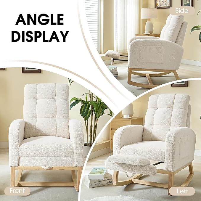 NIOIIKIT Modern Nursery Rocking Chair, Teddy Upholstered Rocking Chair with Footrest, Comfortable Rocker Chair with Side Pocket, Rocker Chair for Living Room, Bedroom, Nursing Room (White)