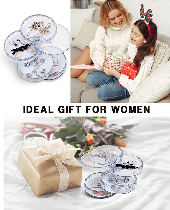 CONBOLA Acrylic Jewelry Organizer, Small Storage Box Jewelry Earring Holder for Women, 5-Layer Rotating Travel Jewelry Tray Case with Lid for Bracelet