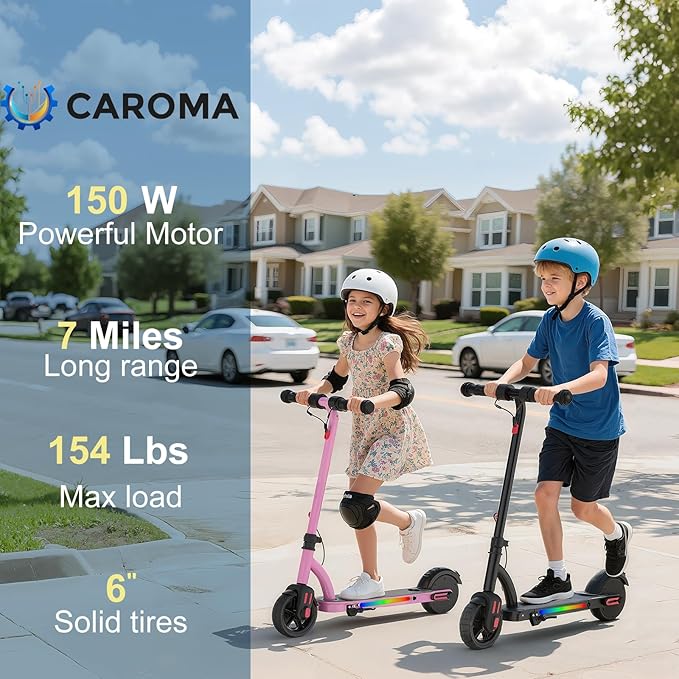 Caroma Electric Scooter for Kids Ages 6-12,150W/180WMotor,10 MPH Max Speed & 7 Miles,Colorful Lights,Adjustable Height & Speed,LED Display,Foldable Kids Electric Scooter 132 Lbs Max Load,Idea Gift