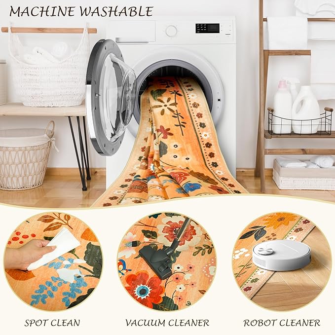 Floral 4x6 Area Rug Machine Washable Soft Print Boho Carpet Non Slip Doormat Low Pile Flower Area Rugs for Living Room Bedroom Nursery Kitchen Dining Room Indoor-Yellow/Orange