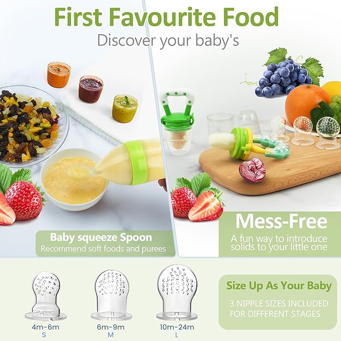 WAJIAYON Baby Fruit Feeder Pacifier - 12 Pack | 2 Infant Food Feeder Pacifier & 1 Babies Food Dispensing Spoon | Fresh Fruit Teethers for Babies | Silicone Feeder Baby,Infant Teething Feeders(Green)