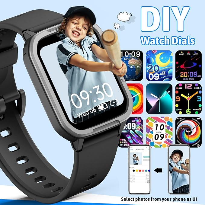 Smart Watch for Kids No Phone Needed, Tempered Glass Fitness Tracker Boy Teens with 19 Sport Modes, Pedometer, Sleep Monitor, Kids Watch Birthday Gifts Toy Gift for Girls Boys 6-16 (Black)