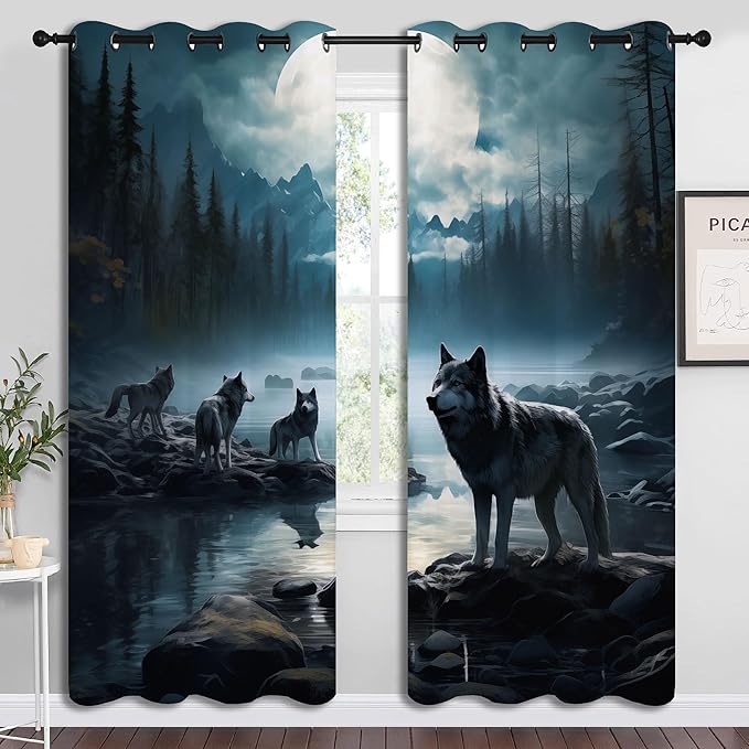 Wolf Blackout Curtains for Boys Girl Bedroom Decor,Dreamy Forest Full Moon Wolf Pack Thermal Insulated Grommet Drapes Darkening Window Curtain for Living Room Home 84x63 inch