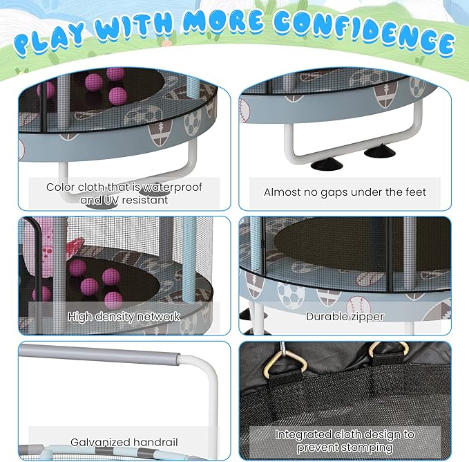 LAMERGE 55" 7-in-1 Round Trampoline for Kids Boys & Girls Ages 1-8, Indoor & Outdoor Trampoline for Fun, Adjustable Height Handrail ＆ Enclosed Safety Net ＆ Durable Designs for Toddlers Children