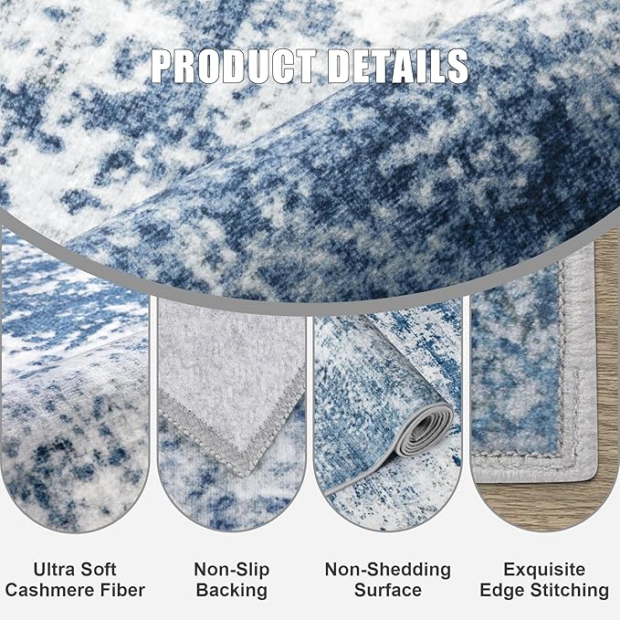 9x12 Area Rug Living Room Rug: Washable Modern Abstract Soft Thin Rug Indoor Floor No Slip Stain Resistant Carpet for Bedroom Dining Room Farmhouse Nursery Home Office - Blue