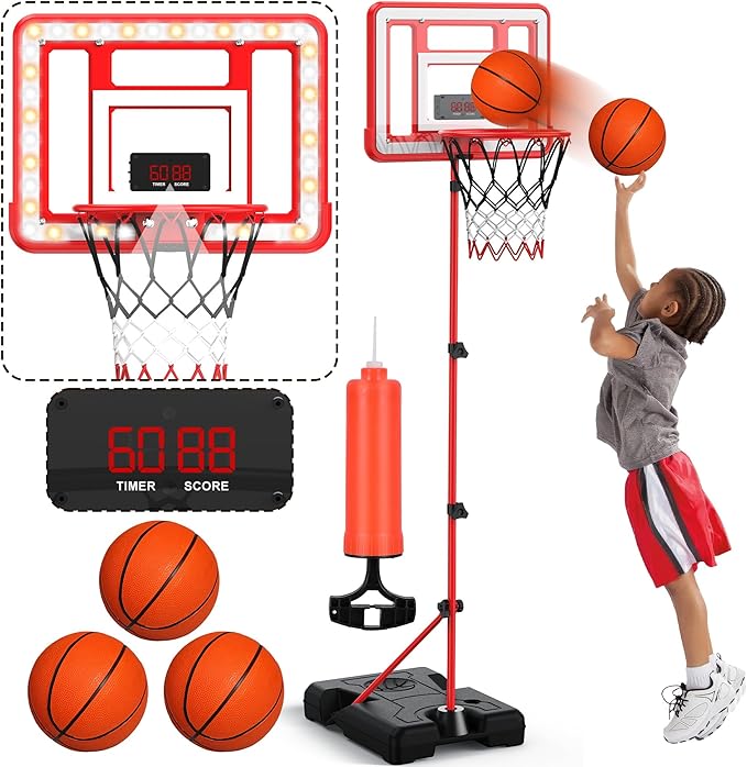 Kids Indoor Basketball Hoop with Scoreboard & Timer,Toddler Adjustable Height Basketball Goal Toy for Outdoor Backyard,Sports Game Play