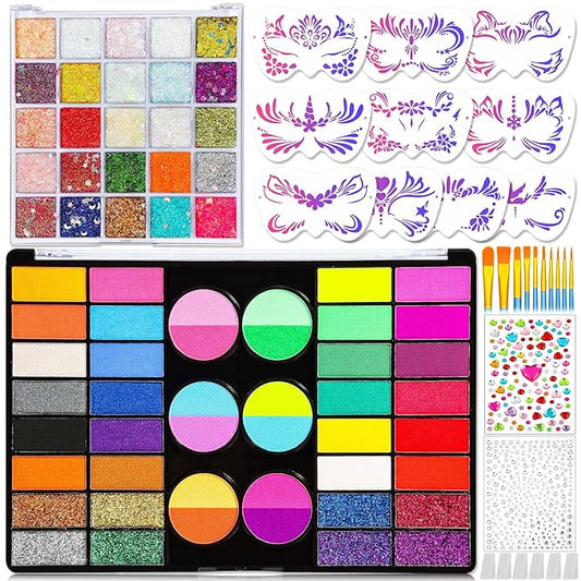 Professional 69 Colors Face Painting Kit for Kids – Washable Skin Watercolor Non-Toxic Body Paint Face Glitter Makeup Palette with Stencils, Gems, Brushes– for Kids Party Cosplay Halloween FX