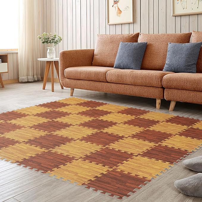 Skyweaver 24 Tiles Soft Non-Toxic Baby Play Mat for Floor EVA Foam Jigsaw Puzzle Play Mat, Interlocking Squares with 0.6inch for Babies, Toddlers & Kids Gym, Nursery, Playroom,Brown