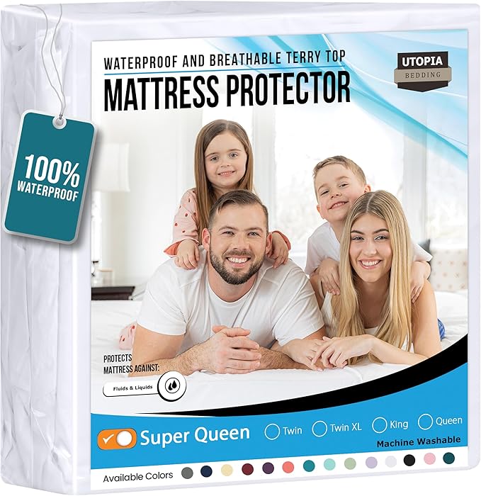 Utopia Bedding Waterproof Mattress Protector Super Queen Size, Premium Terry Mattress Cover 200 GSM, Breathable, Fitted Style with Stretchable Pockets (White)