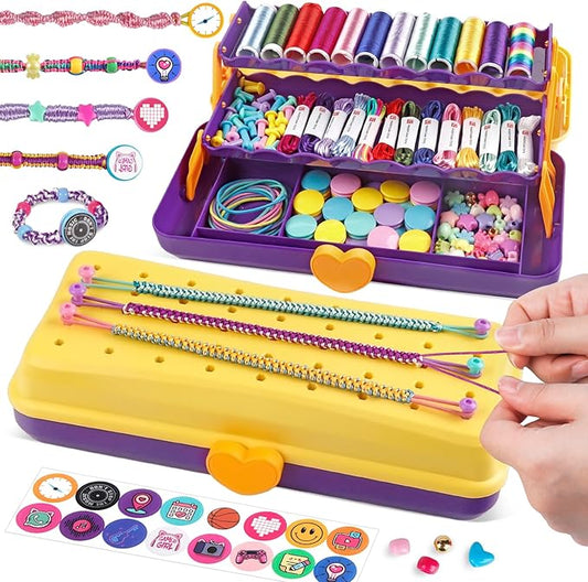 Friendship Bracelet Making Kit with Storage Box,DIY String Bracelet Arts and Craft for Girls Aged 8-12,Kids' Travel Activity Toy Set,Birthday Gifts for Ages 6 7 8 9 10 11 12 Year Old (Yellow/Purple)