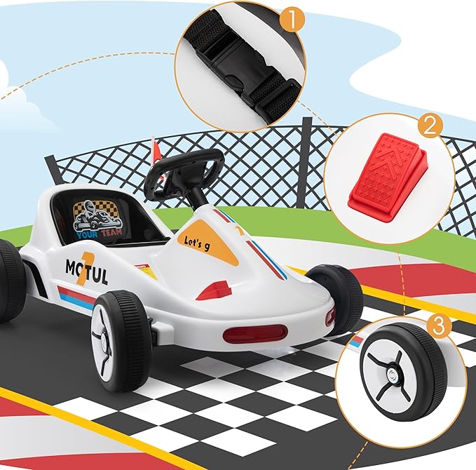 TOBBI 12V Electric Go Kart for Kids Battery Powered Ride on Car Outdoor Race Toy with Remote Control, Safety Belt, Music, LED Lights and Flags for Toddlers 3-8 Years, White