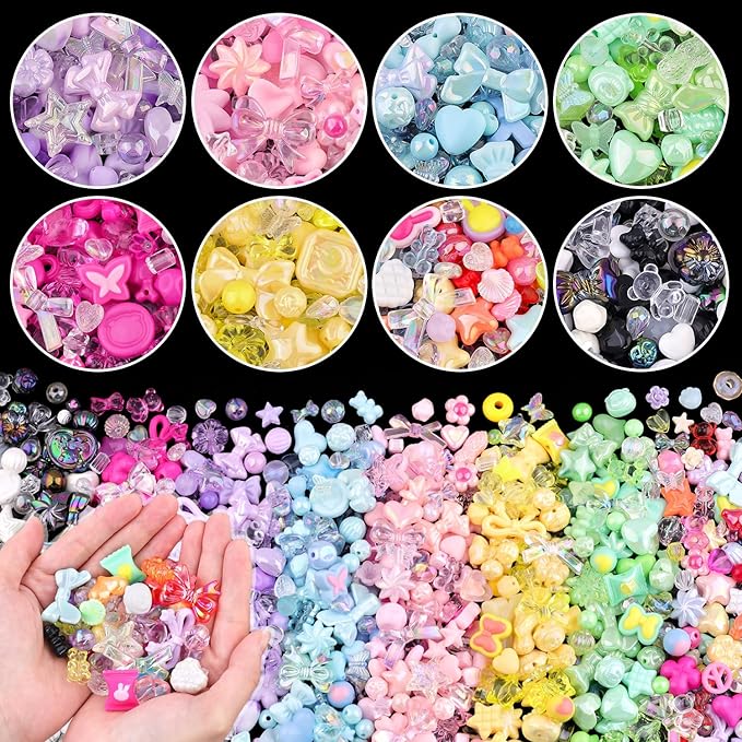 Assorted 400PCS 8 Mixed Colors Acrylic Beads for Bracelet Making, Flower Bow Butterfly GummyBear Aesthetic Bracelet Charms,Cute Beads for Jewelry Making DIY Necklace Keychain Phone Charm