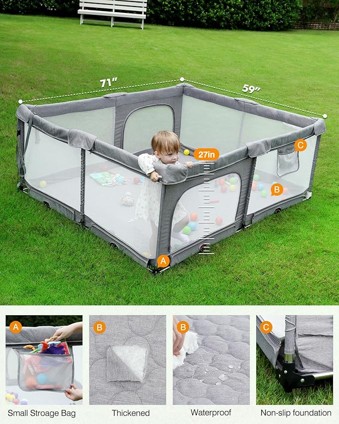 Foldable Baby Playpen with Non-Removable Thick Mat, Extra Large Collapsible Play Yard for Babies & Toddlers, Portable Travel Playpen with Gate, Safe Activity Center (59"×71" Grey)