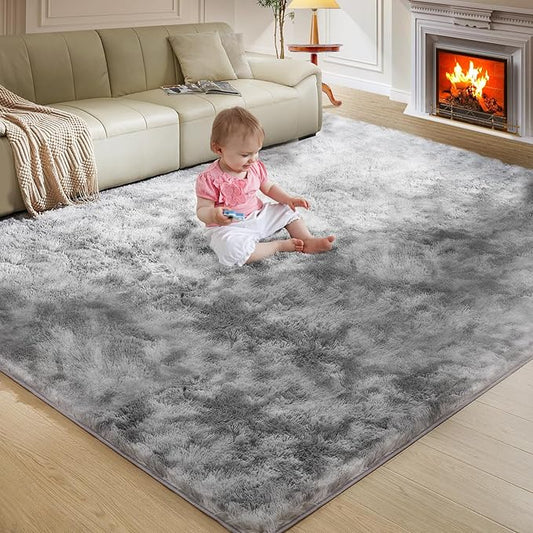 Ultra Soft Rug for Living Room, 9X12 Fluffy Shag Area Rug for Bedroom, Modern Shaggy Carpets Fuzzy Rug for Teens Dorm Nursery Home Decor Aesthetic, Upgrade Anti-Skid Durable, Tie-Dyed Light Grey