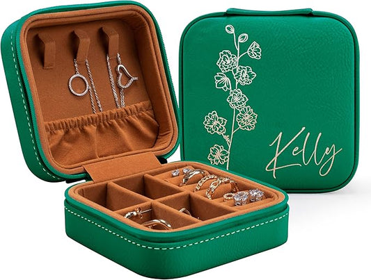 Custom Leather Jewelry Box w/Name & Birth Flower Month - Birthday Gifts for Women, Personalized Jewelry Travel Case - Customized Jewelry Organizer Box, Mom Birthday Gifts - Emerald