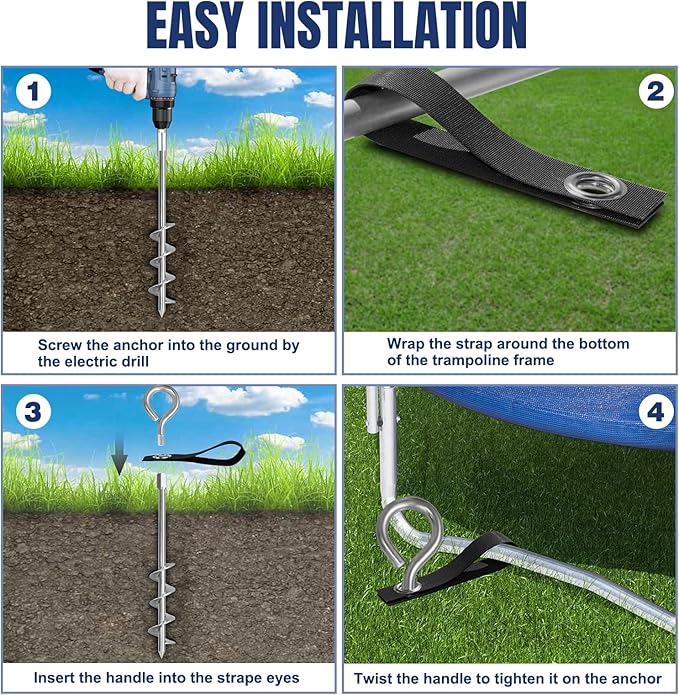 Eurmax USA Trampoline Stakes Screw in Tent Stakes Parts Heavy Duty for Canopies,4-Pack Outdoor Anchor Kit with Straps(Silver)