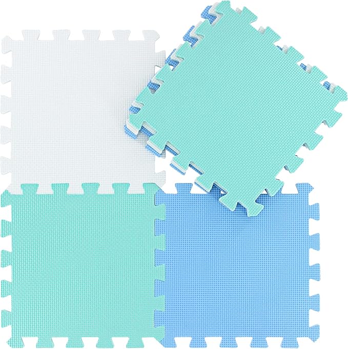 qqpp EVA Rubber 18 Tiles Interlocking Puzzle Foam Floor Mats - Baby Play Mat for Playing | Exercise Mat for Home Workout. White, Blue, Green. QC-AGHb18N