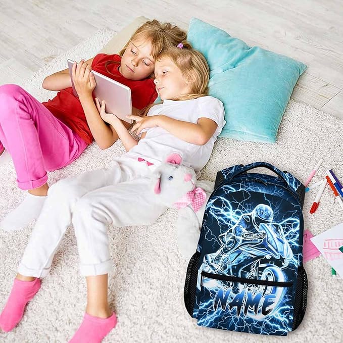 Personalized Backpacks for Boys, Motorcycle Backpack with Custom Name for Kids Kindergarten Primary Elementary Senior Middle, 17 Inch Lightweight Cool Lightning Schoolbag