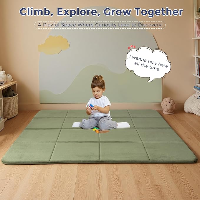 MAXYOYO 1.2" Thick Baby Play Mat for Floor, 59"x 78" Foldable Playpen Mat, Tummy Time Foam Mats Ultra Soft Support, Padded Carpet with Non-Slip Backing for Infant,Kids and Toddler Crawling, Green