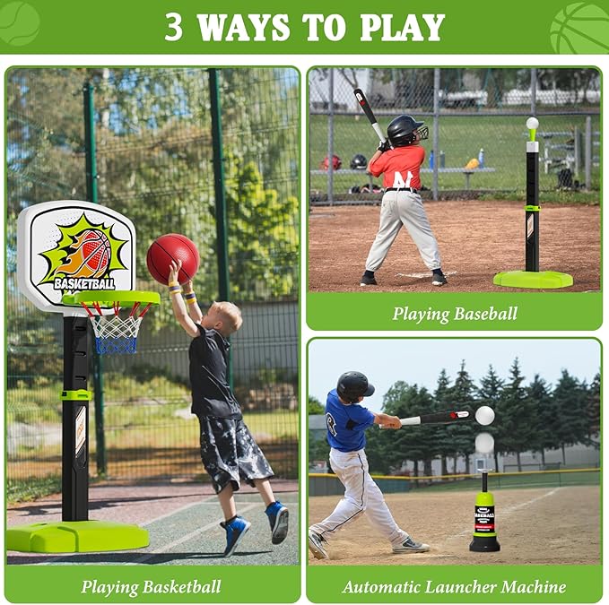 3 in 1 Toddler Basketball Hoop and Tee Ball Set for Boys: Kids Baseball Tee with Automatic Pitching Machine Adjustable Height Indoor and Outdoor Sports Toys Christmas Birthday Gifts for Boy Age 3-12