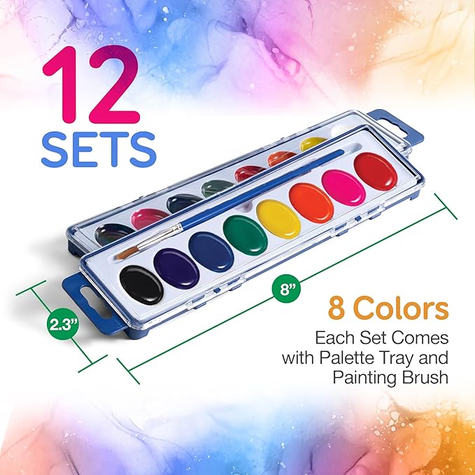 Bedwina Watercolor Paint Sets for Kids - Bulk Pack of 12, 8 Washable Water Color Paints in Palette Tray and Painting Brush for Coloring, Art, Classrooms and Paint Party Supplies