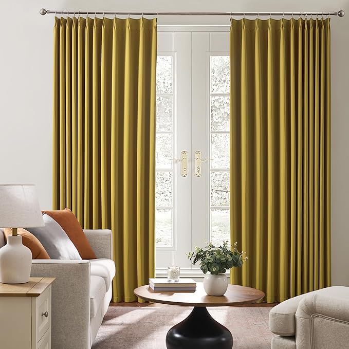 KEQIAOSUOCAI Yellow Pinch Pleated Curtains 108 Inch Length 2 Panels Set Noise Cancelling Window Drapes for Nursery Bedroom Living Room 40x108