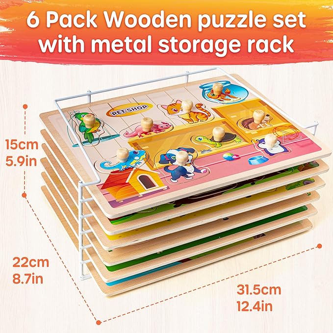 SYNARRY Wooden Puzzles for Toddlers 1-3, 6XSET Animals Puzzles for Toddlers 2-4 with Rack, Toddler Puzzles Ages 2-4, Kids Learning Educational Montessori Toys for 2 3 Year Old, Gifts for Boys Girls