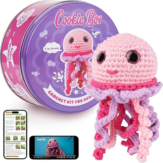 Cookie Box Crochet Kit for Beginners - Learn to Craft Amigurumi Stuffed Animals - Knitting Gift for Kids and Adults - Beginner-Friendly Yarn - Stitch-by-Stitch Video Tutorial - Jellyfish Jenny