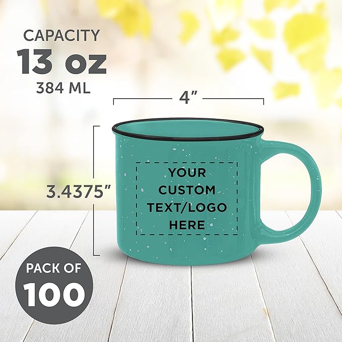 DISCOUNT PROMOS Custom Ceramic Campfire Coffee Mugs 13 oz. Set of 100, Personalized Bulk Pack - Perfect for Tea, Espresso, Cappuccino, Hot Cocoa - Mint